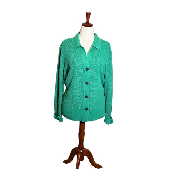 J. Jill sweater green waffle texture open neck collared button up cardigan Sz LP - Picture 1 of 7